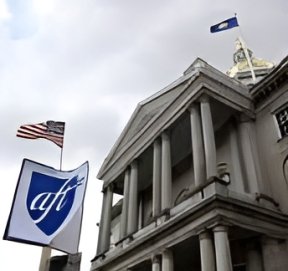 AI enhanced image of the NH State House with an AFT flag